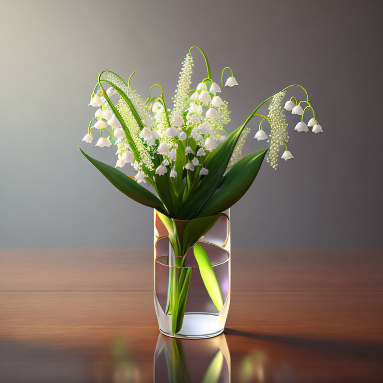 White Lily of the Valley Flowers in Glass Vase on Wooden Surface