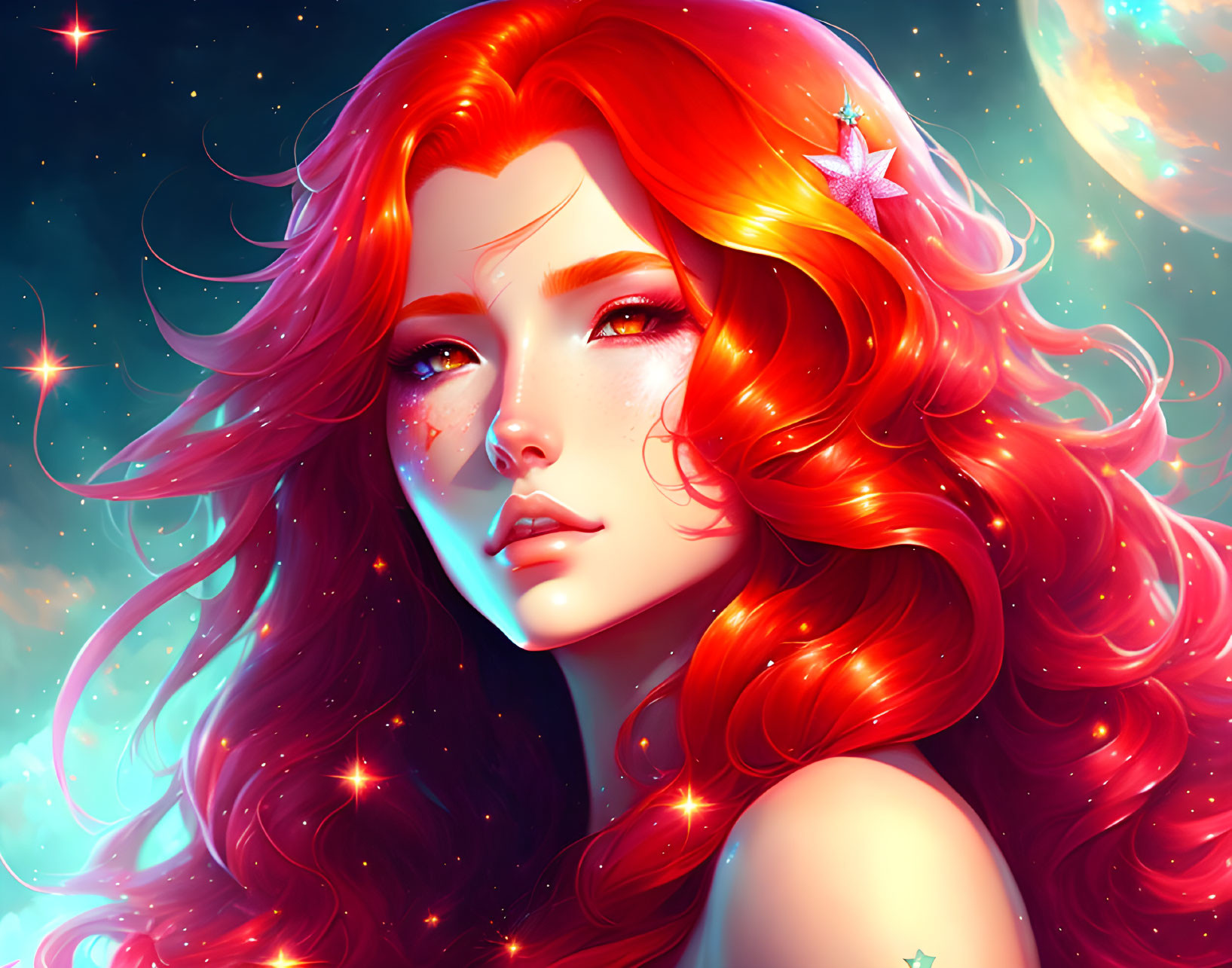 Digital illustration of woman with red hair in starry fantasy setting