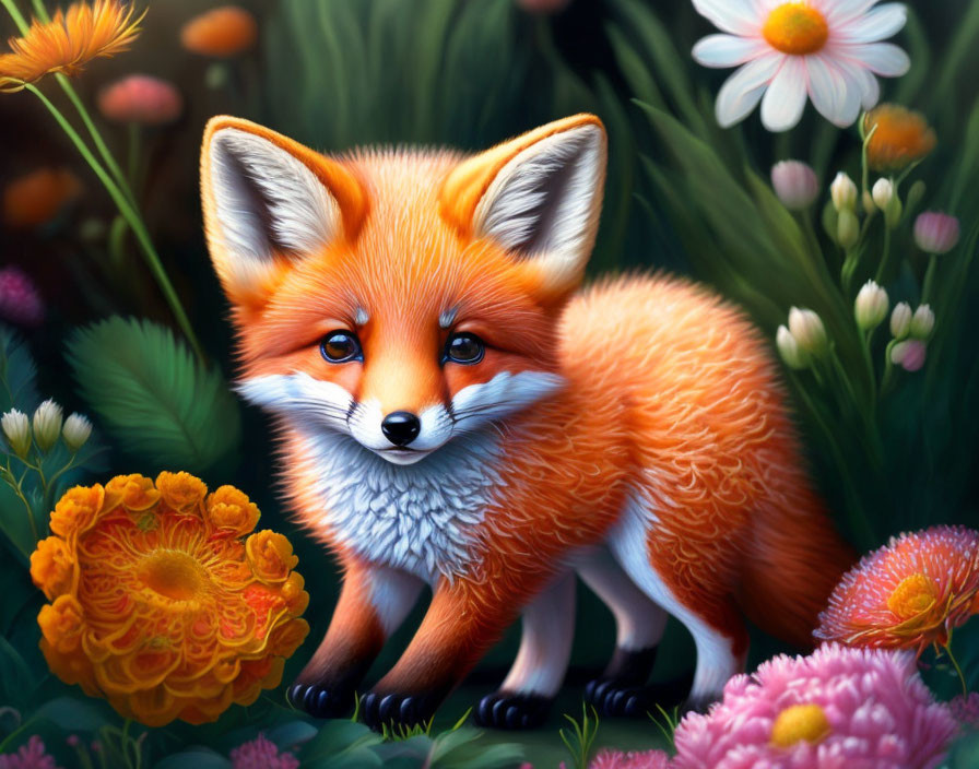 Colorful Red Fox Surrounded by Flowers and Bright Orange Fur