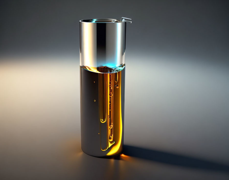 Transparent Cylinder with Metallic Hue: Gradient Amber Liquid and Bubbles