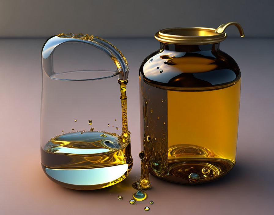 Golden Liquid Pouring Between Two Clear Containers in 3D Render