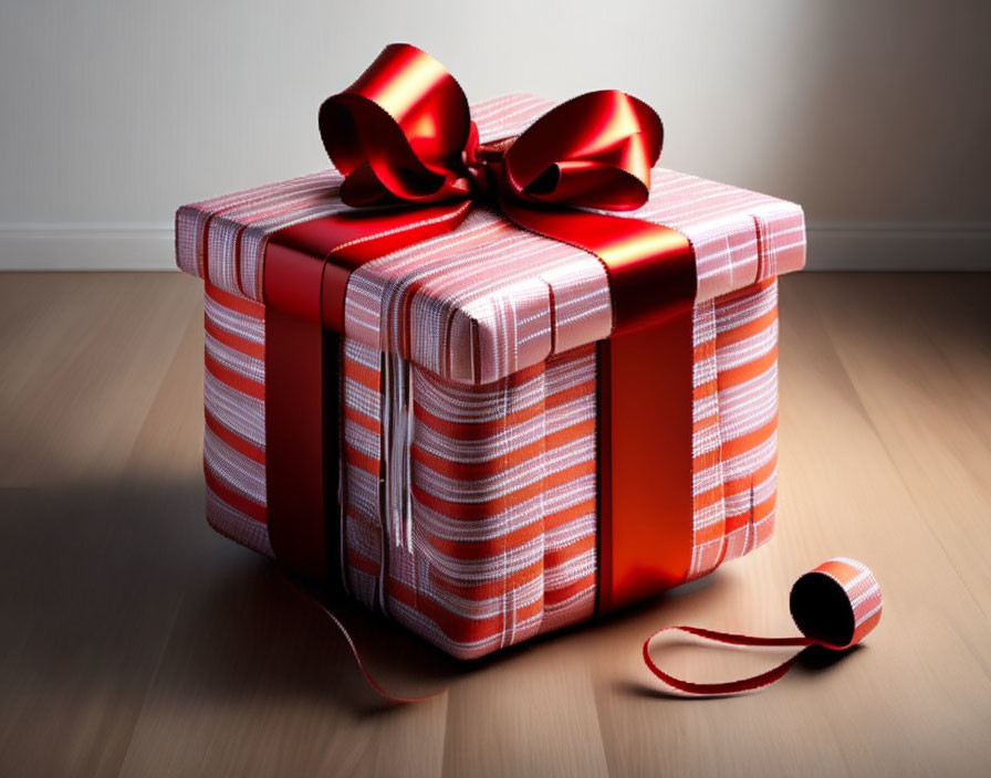 Gift Box with Red and White Stripes and Red Ribbon on Wooden Floor