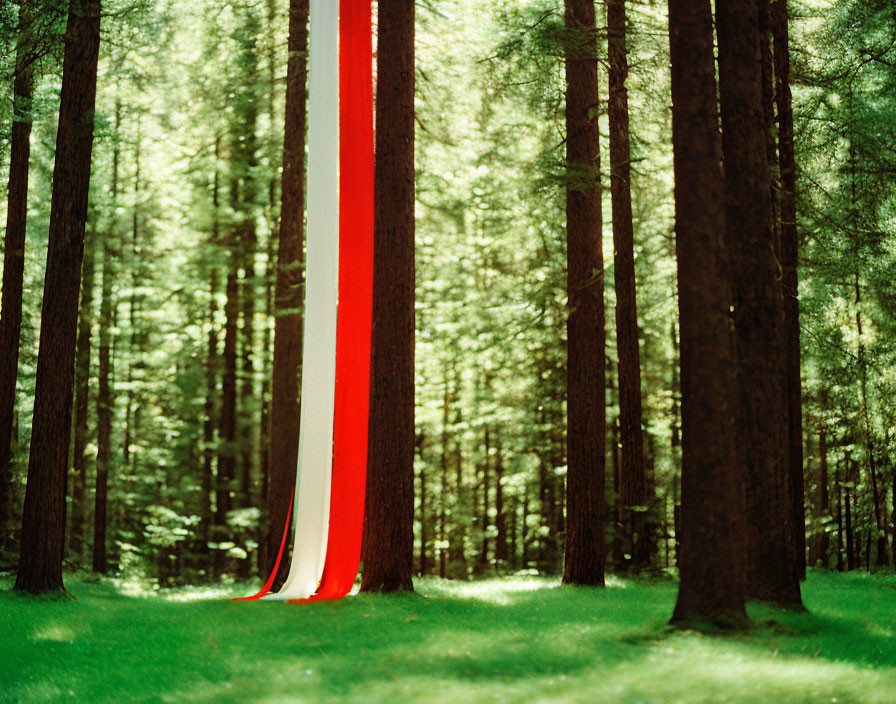 Vibrant red streak on tree in lush green forest