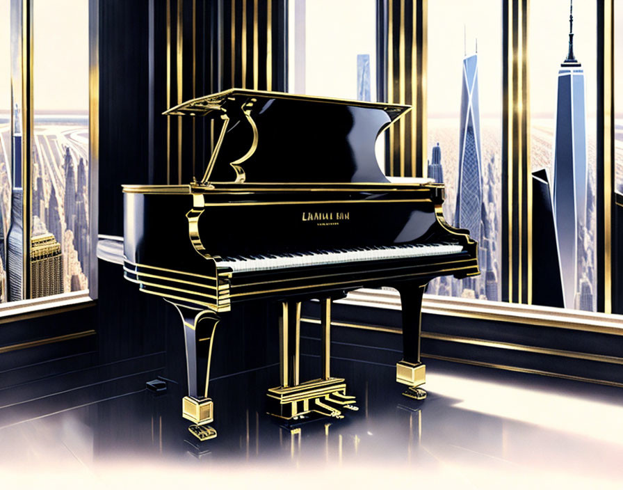 Luxurious room with grand piano and city skyline view