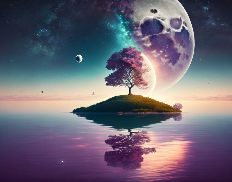 Surreal landscape with solitary tree, cosmic sky, and purple water surface