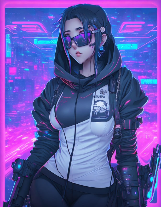 Futuristic female cyberpunk character with neon cityscape background