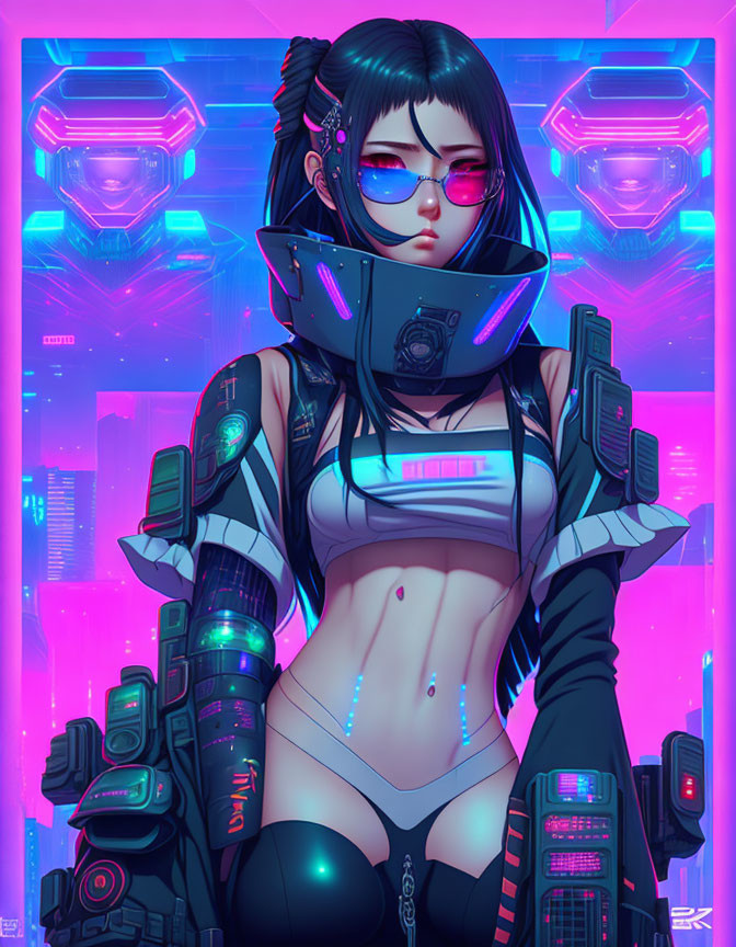 Futuristic female character with cybernetic enhancements in high-tech outfit and glasses amid neon lights