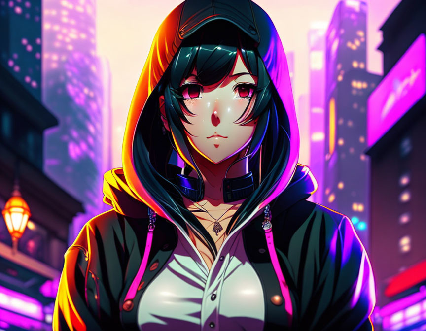 Anime character with green hair in multicolored hoodie against neon cityscape