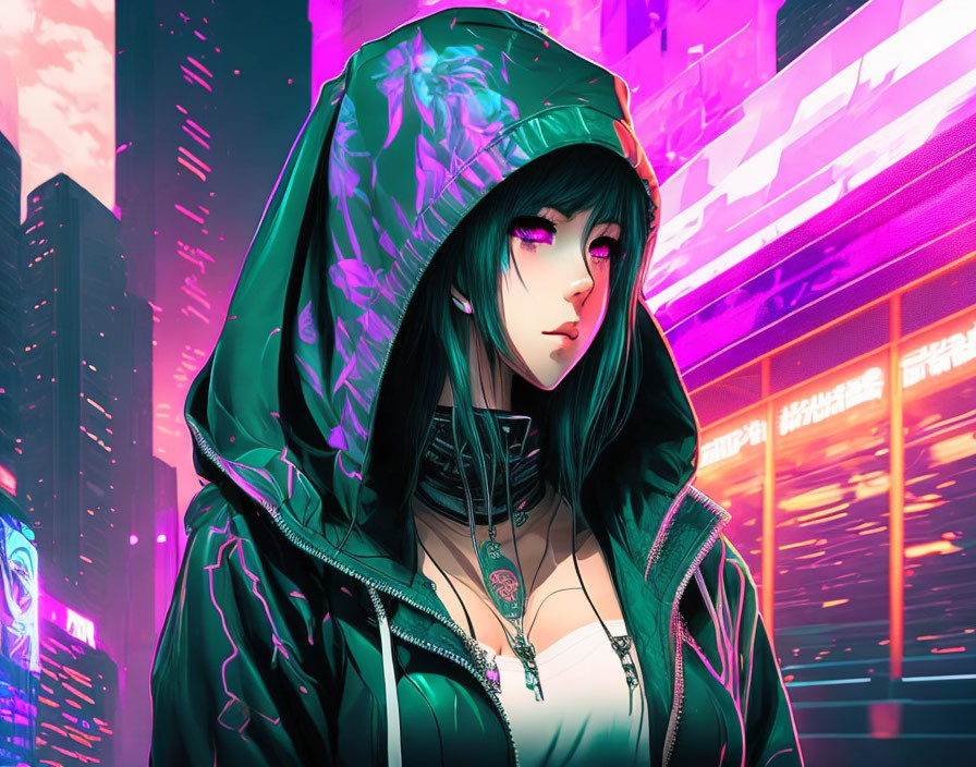 Dark-haired female character in green jacket against vibrant cityscape