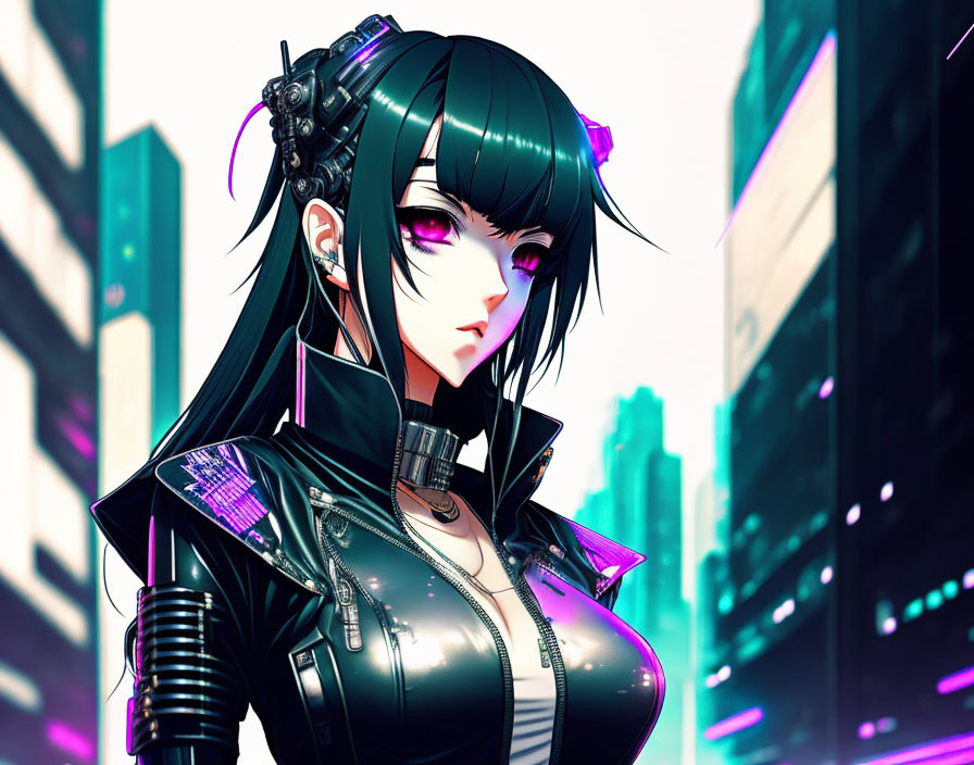 Digital artwork of female anime character with long black hair, purple eyes, futuristic attire, in neon-l