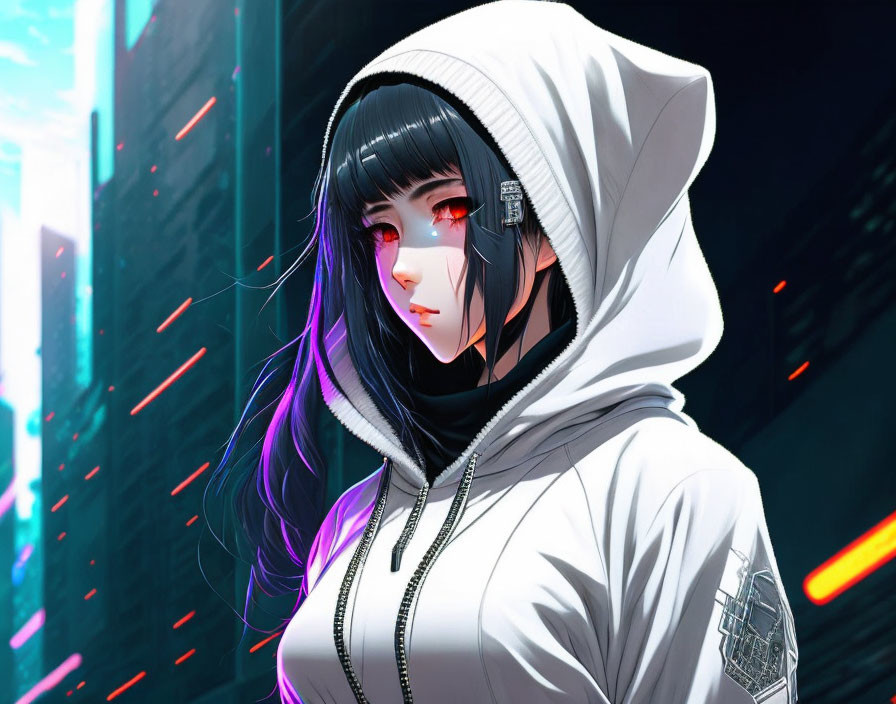 Digital artwork: Girl with black hair, red eyes, white hoodie in neon-lit city.