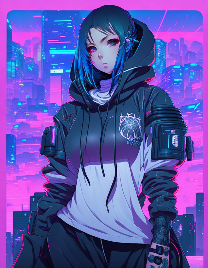 Digital illustration: Girl with blue hair in futuristic clothes against cyberpunk cityscape