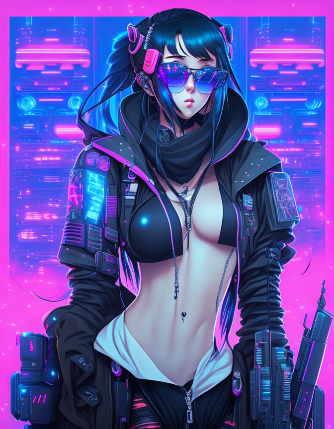 Cyberpunk-themed drawing: Woman with headphones and futuristic clothing in neon-lit backdrop