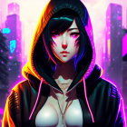 Anime character with green hair in multicolored hoodie against neon cityscape