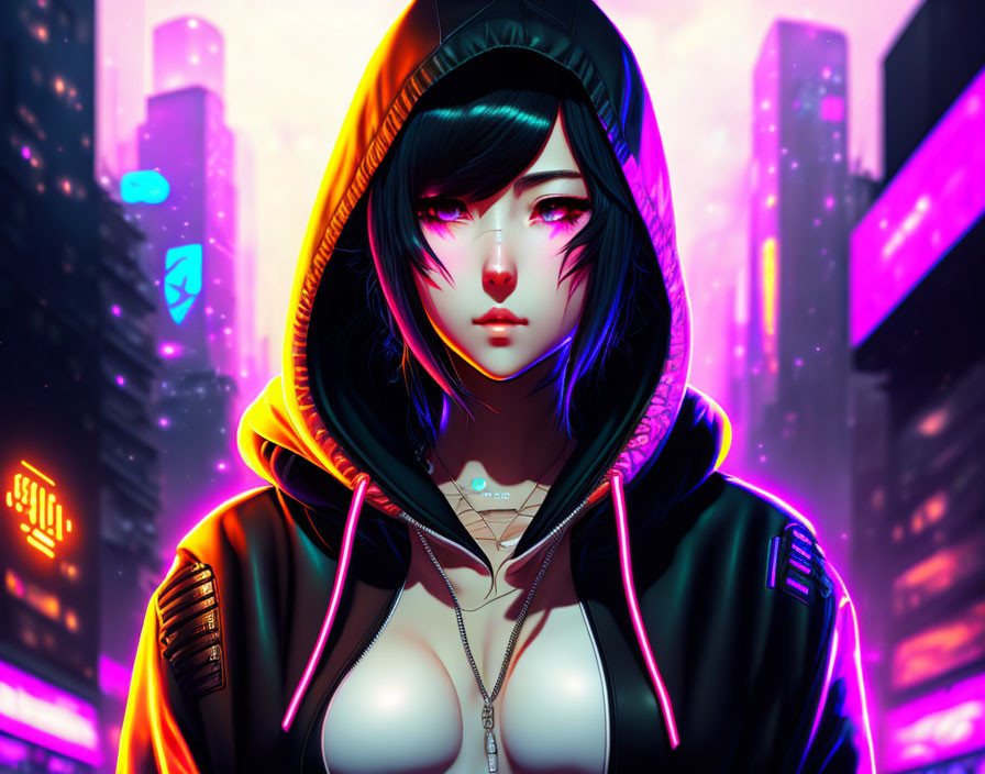 Stylized digital art: Young woman with purple hair in futuristic cityscape