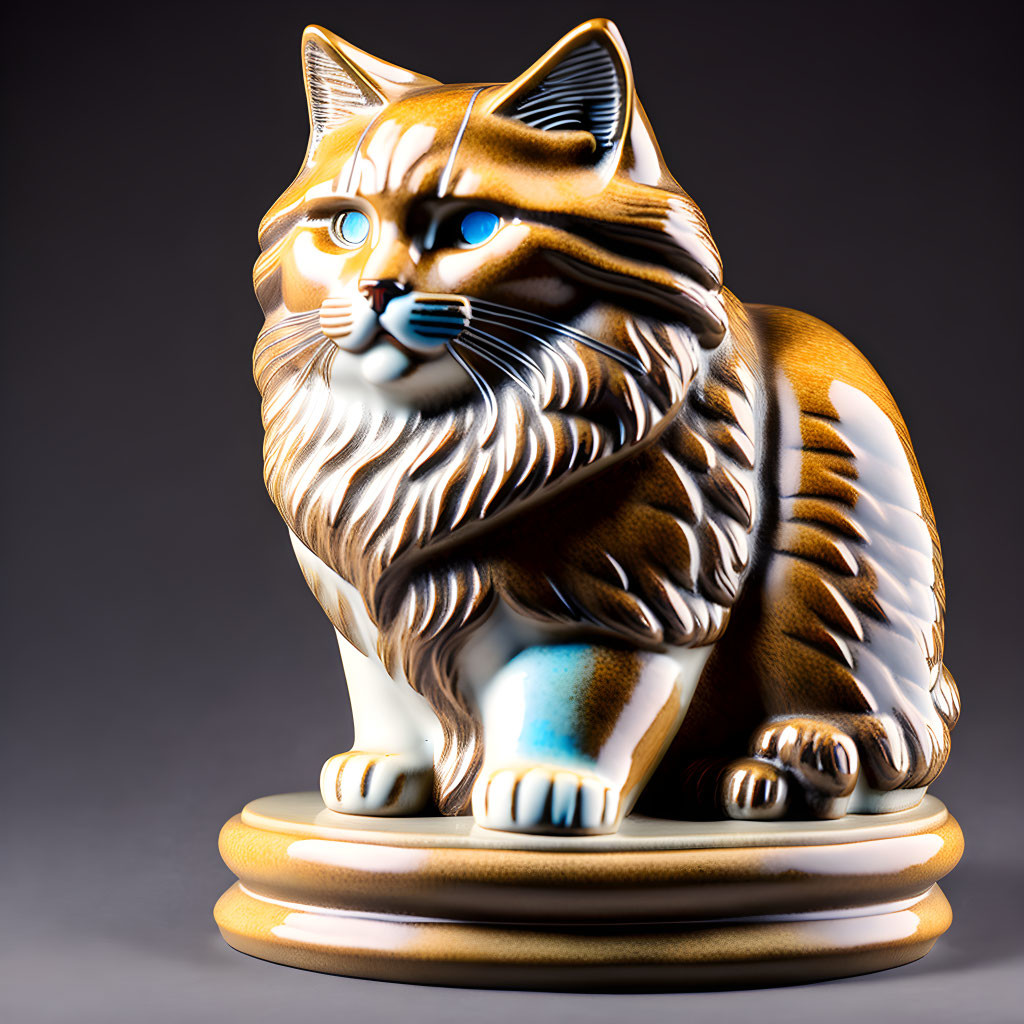 Porcelain sitting cat figurine with blue eyes and brown/white fur