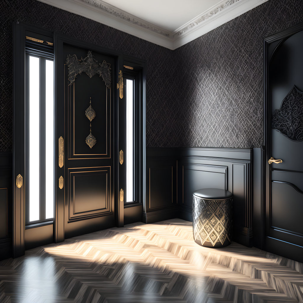 Luxurious Room with Black Paneled Walls, Double Doors, Herringbone Floor, and Sunlit