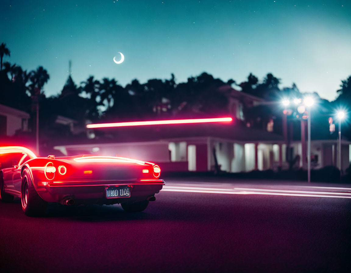 Vintage car parked at twilight with illuminated tail lights under crescent moon