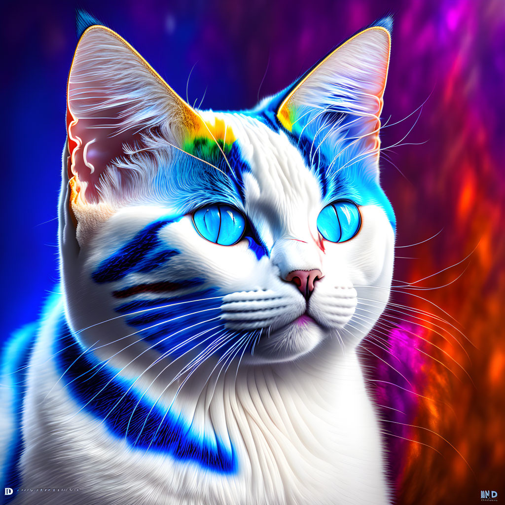 Colorful Digital Illustration of Blue-Eyed Cat on Fiery Background