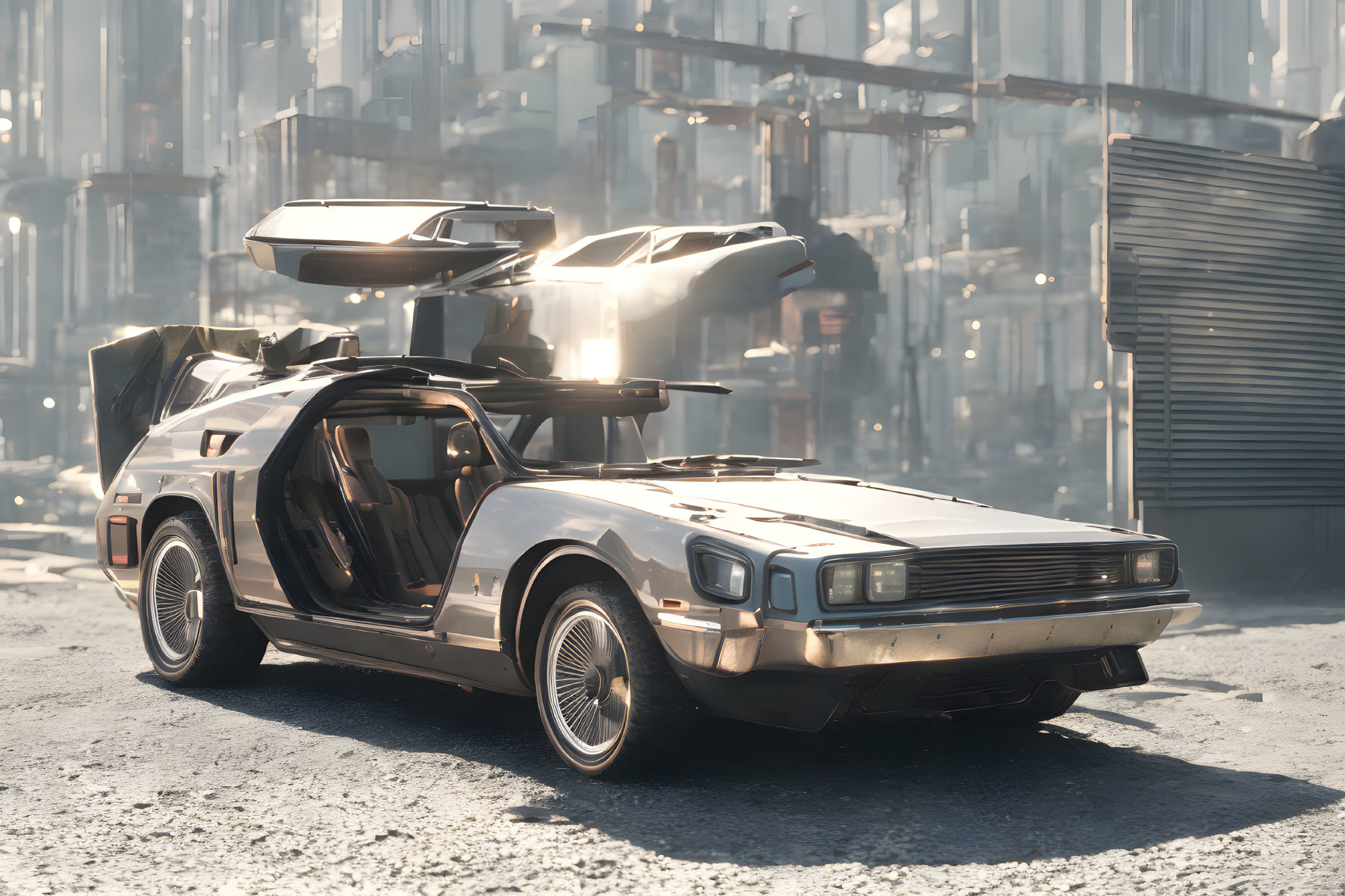 Futuristic DeLorean with open gull-wing doors and drone in dystopian cityscape