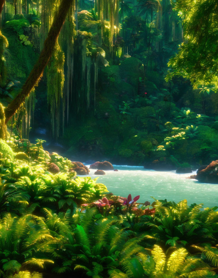 Tranquil Tropical Forest with Lush Greenery and River