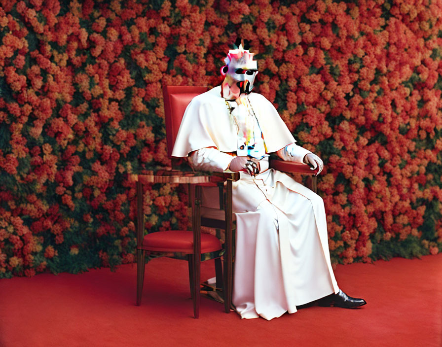 Figure in White Robe with Bird-Like Mask on Red Chair Amid Red Flowers