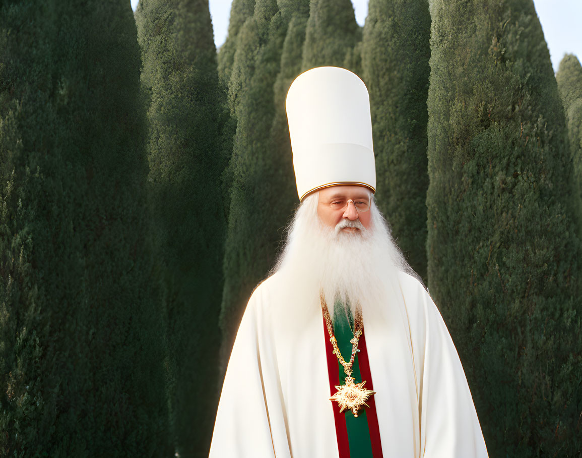 Bearded man in religious attire among tall trees