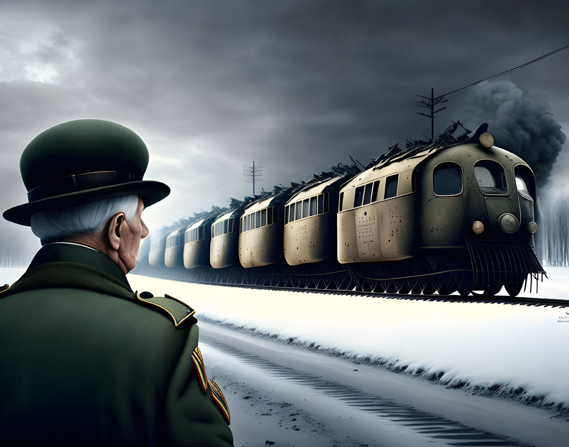 Uniformed Figure Observing Steam Train in Snowy Landscape