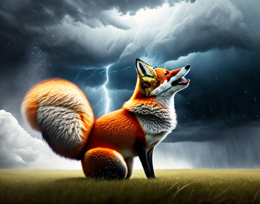 Vibrant orange fox under stormy sky with lightning