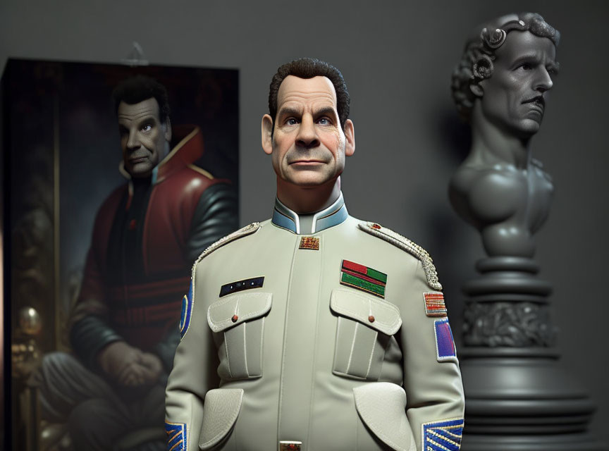 Military officer figure with portrait and bust sculpture in stylized art