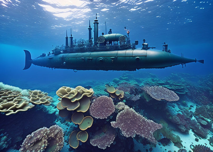 Steampunk-style submarine in vibrant ocean with coral reef and marine life