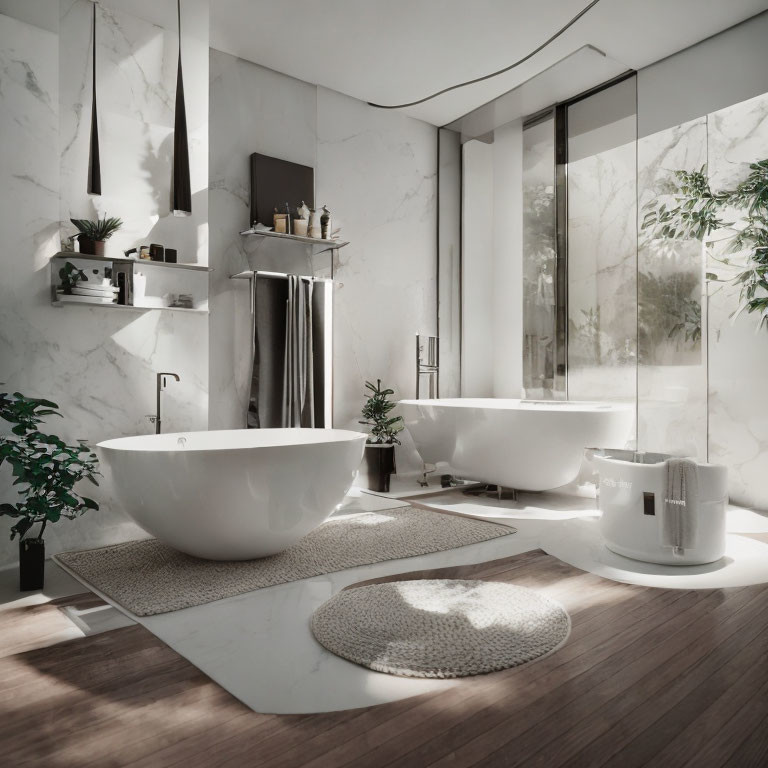 Modern bathroom with marble walls, freestanding tub, walk-in shower, and nature view