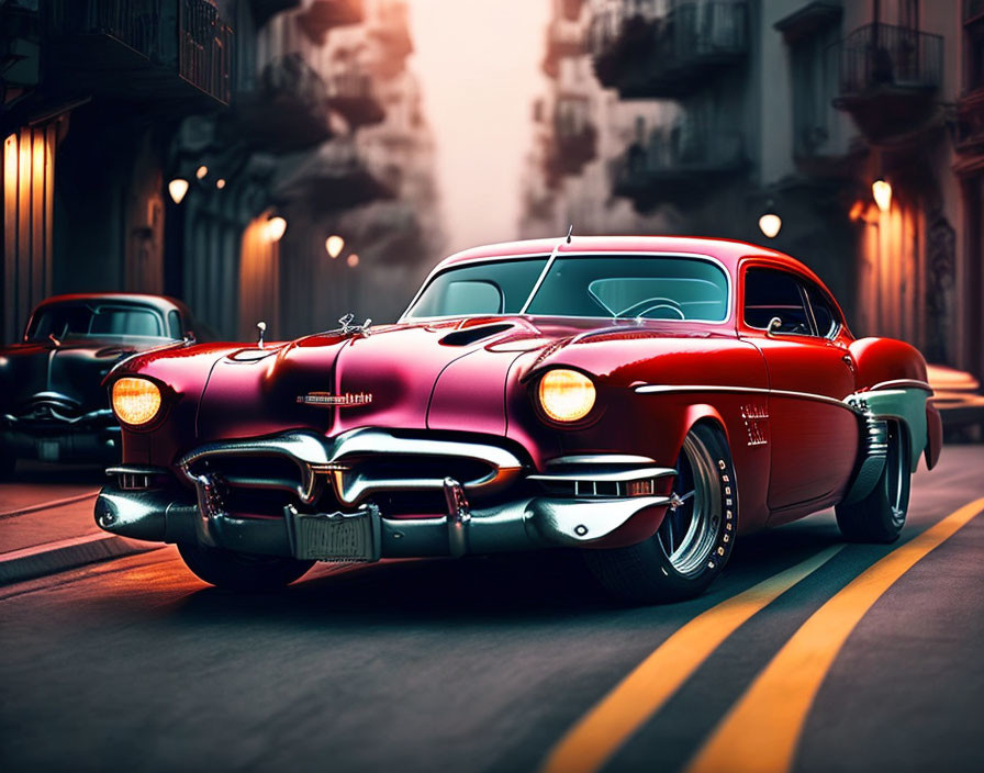 Vintage Red Car with Chrome Grille Glowing Headlights in City Street at Dusk