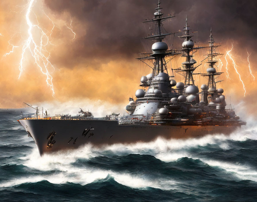 Stormy seas with battleship under lightning-filled sky