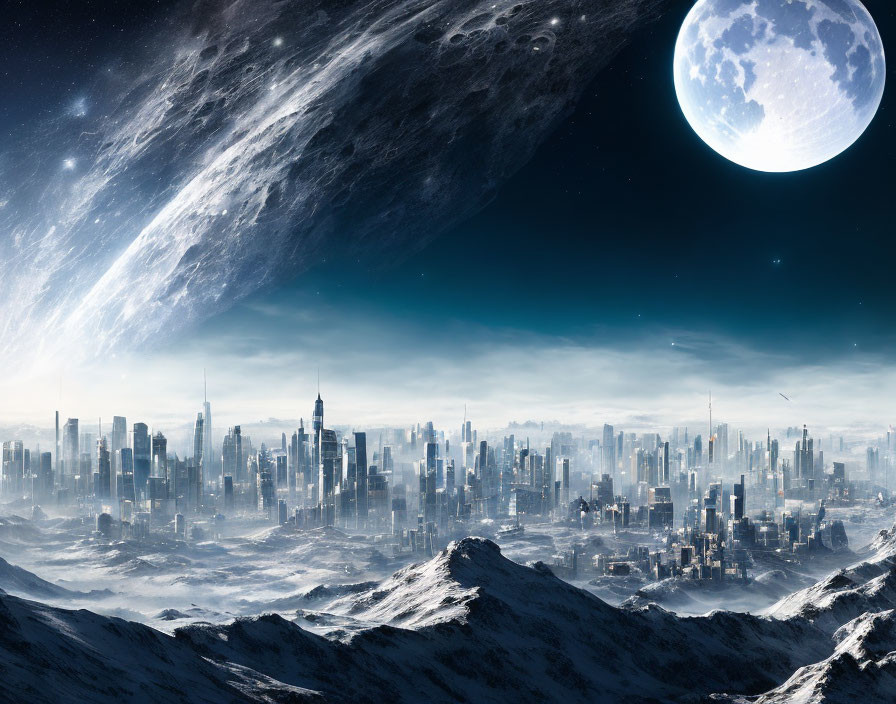 Futuristic city skyline with snowy mountains, moon, and planet