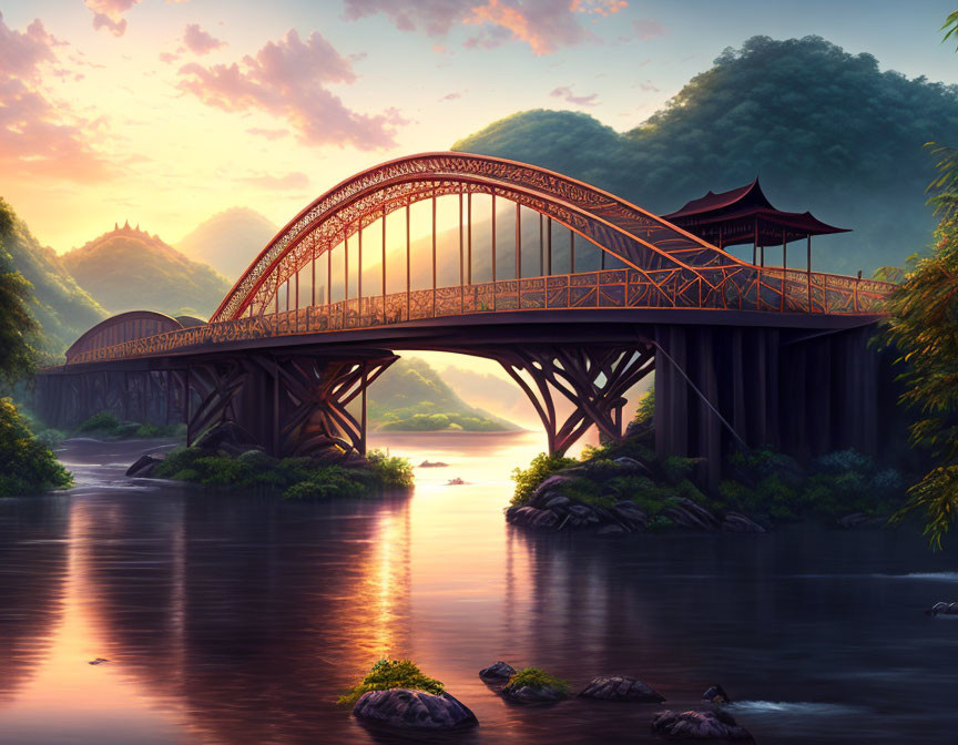 Traditional red bridge with pagoda over tranquil river in lush landscape at sunset