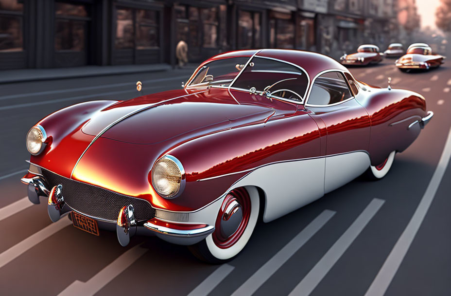 Vintage Red and White Classic Car with Chrome Details on Urban Road at Sunset