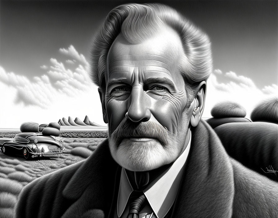 Monochrome illustration of a man with a mustache in a coat with classic car and rolling hills.