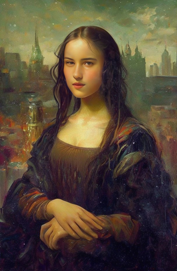 Digital artwork: Young woman portrait merged with classical painting style & impressionistic cityscape.