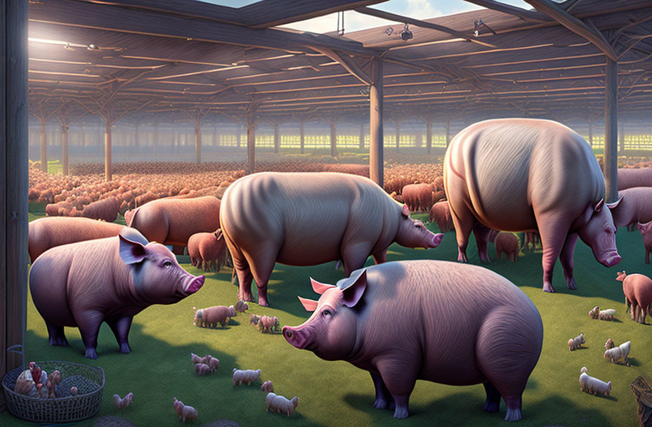 Oversized cartoon pigs in barn with piglets and eggs - surreal farm scene