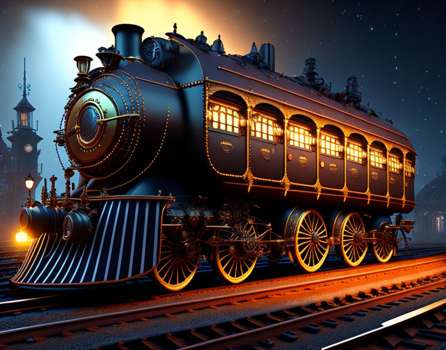 Vintage Steam Locomotive at Station Twilight Scene