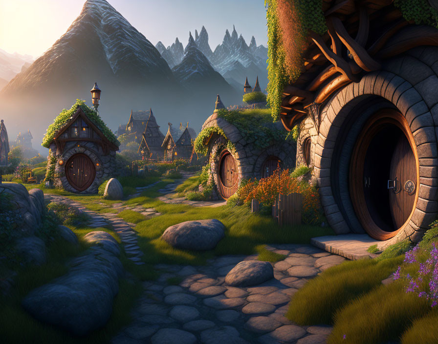 Fantasy village with hobbit-style houses, lush greenery, winding path, and mountain backdrop at