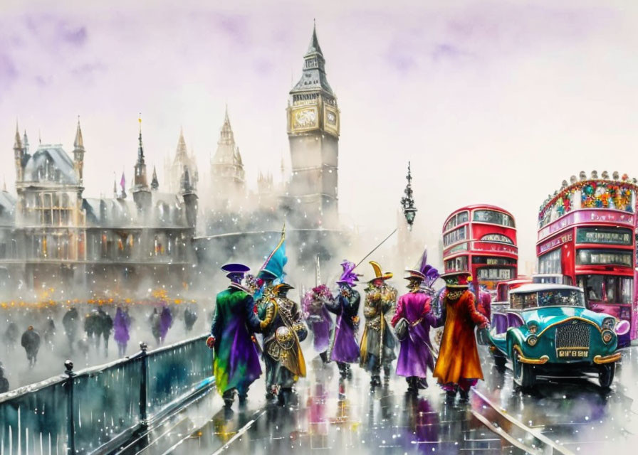 Vibrant figures in whimsical outfits on London bridge with Big Ben and buses in foggy setting