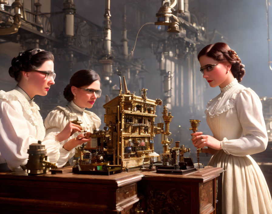 Vintage women inspecting brass machine in ornate room