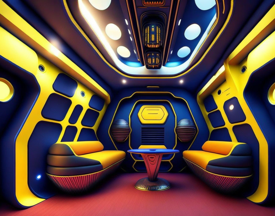 Futuristic spacecraft interior with two seats and control panels