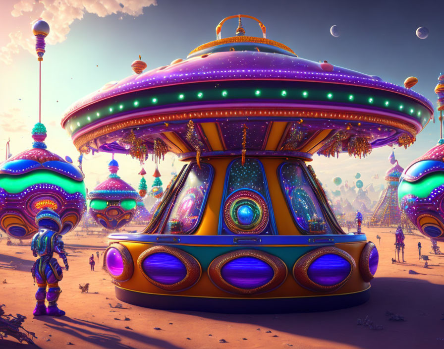 Vibrant futuristic amusement park scene with alien architecture