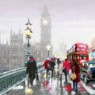 Vibrant figures in whimsical outfits on London bridge with Big Ben and buses in foggy setting