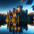 Gothic-style tower reflected in still waters with lush trees under golden light