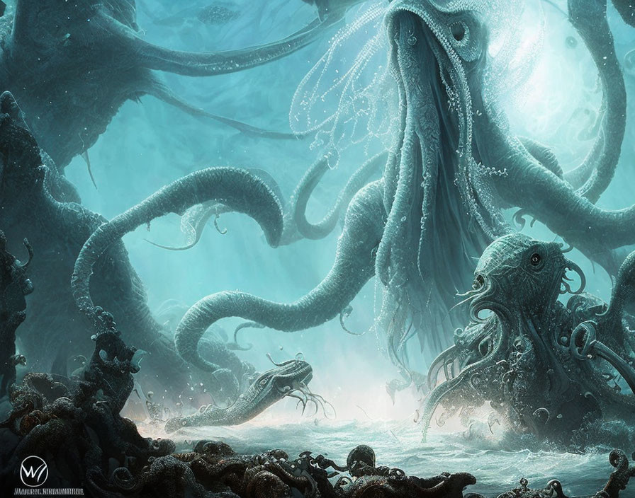 Underwater Scene with Colossal Octopus-Like Creatures and Submerged Ruins