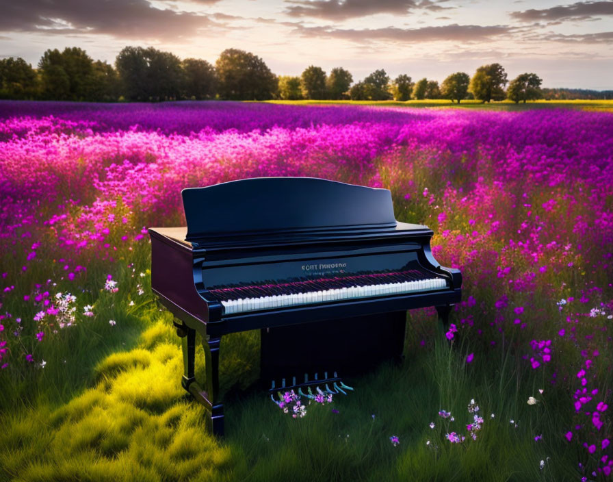 Grand Piano Among Vibrant Purple Flowers in Golden Sunset Landscape